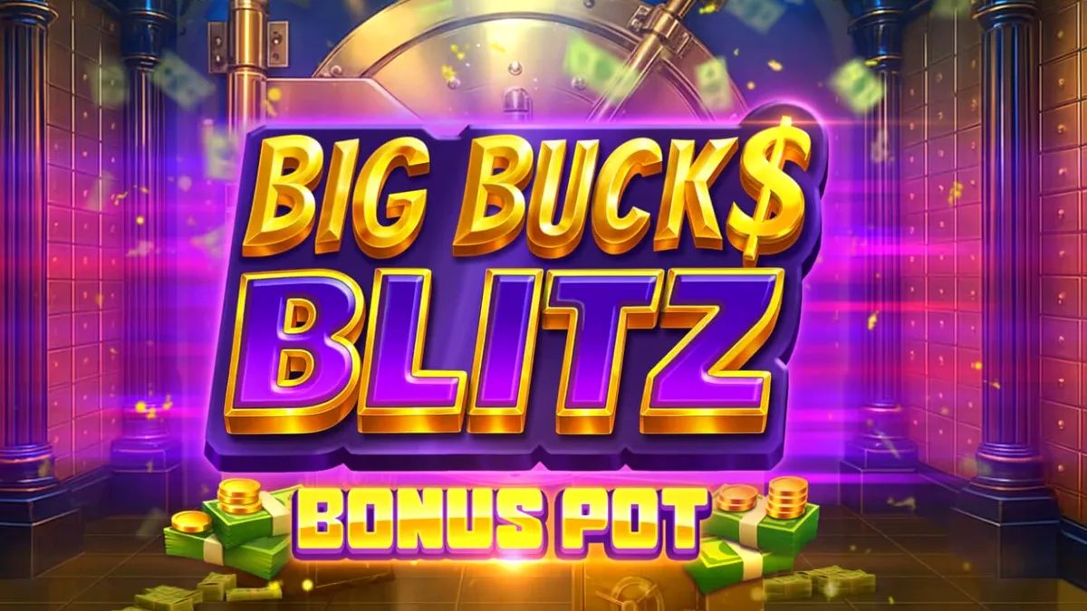 Tampilan visual slot Big Bucks Blitz Bonus Pot dengan latar belakang brankas emas